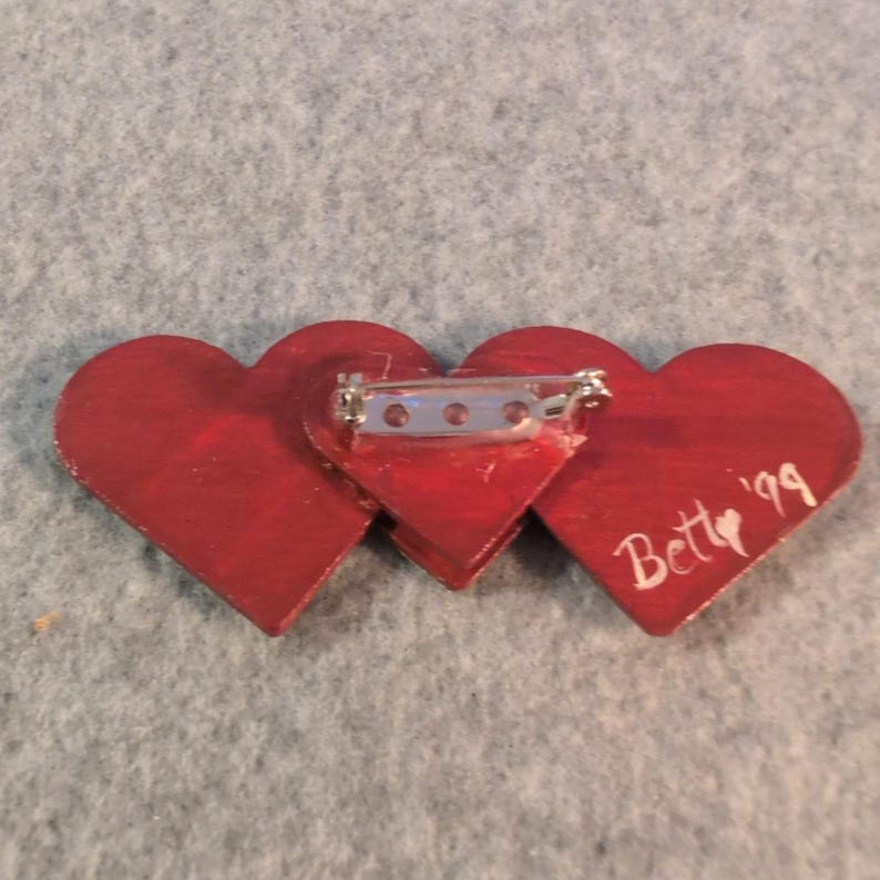 Handmade Triple Heart Brooch Pin Red Cream Valentine Rustic Folk Art image 2