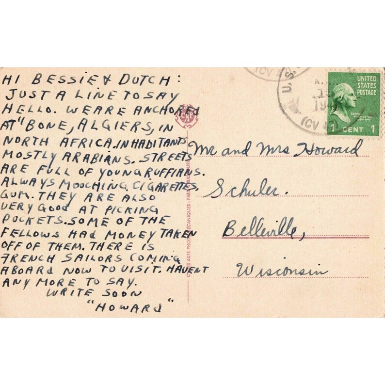 Vintage-Postkarte von Algier, Algerien, 1941, Danses d'Ouled-Nails, US Navy Poststempel 1284 Bild 2