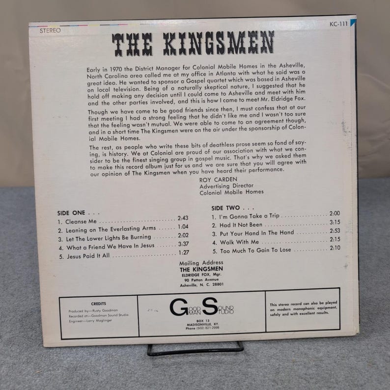 The Kingsmen Presented By Colonial Mobile Homes Vinyl LP Stereo KC-111 Gospel image 2