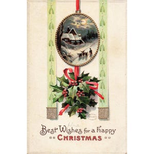 Vintage 1908 Christmas Postcard Embossed Holly Reindeer Winter Cottage Scene VG image 1