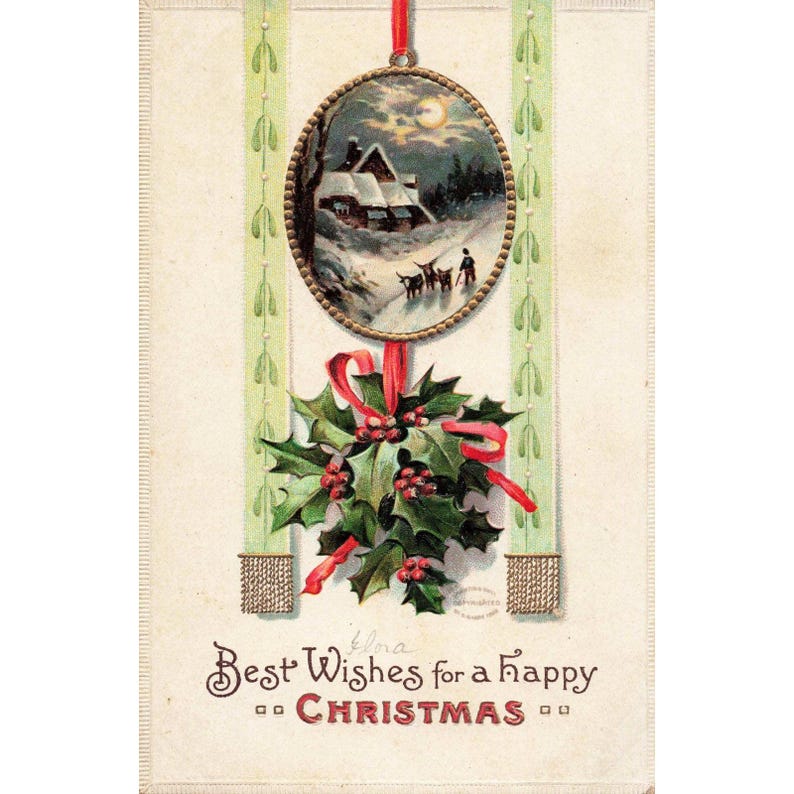 Vintage 1908 Christmas Postcard Embossed Holly Reindeer Winter Cottage Scene VG image 1