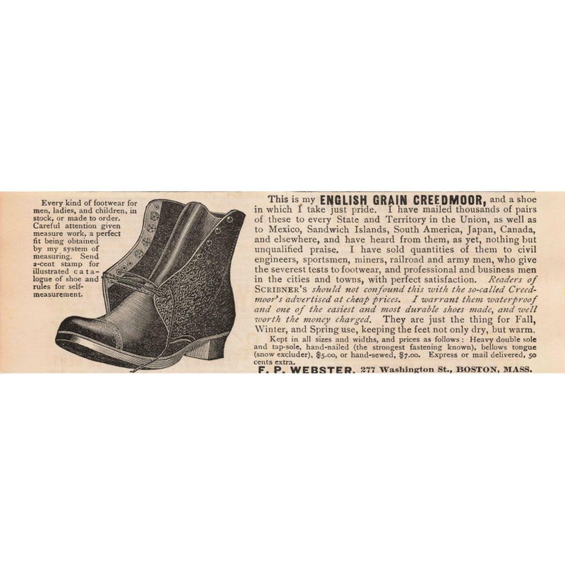 1891 F P Webster English Grain Creedmoor Boots Print Ad Mens Womens Waterproof image 1
