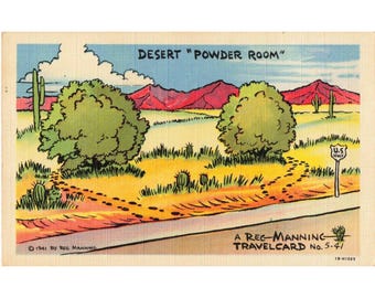 Vintage 1941 Reg Manning Travelcard Desert Powder Room Linen Postcard No. 5-41