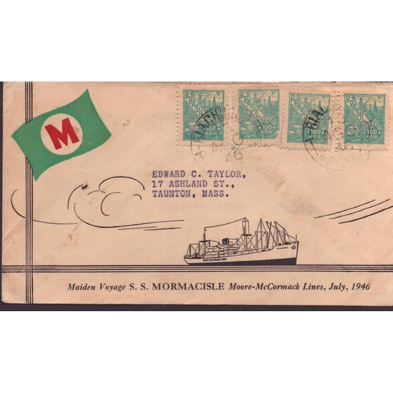 1946 SS Mormacisle Maiden Voyage Moore-McCormack Lines Brazil Postal Cover VG image 1