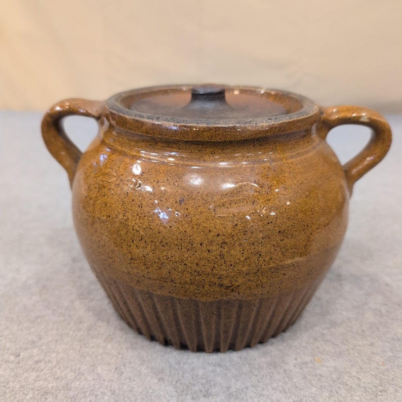 Antique Brown Glazed Stoneware Bean Pot with Lid Ribbed Base Dual Handles image 1