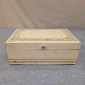 Vintage Cream Faux Leather Multi Tier Jewelry Box Red Velvet Lining Filigree image 1