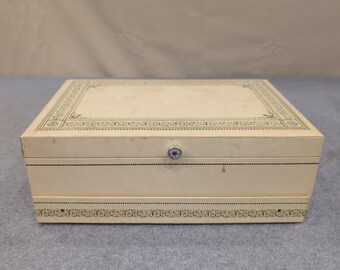 Vintage Cream Faux Leather Multi Tier Jewelry Box Red Velvet Lining Filigree