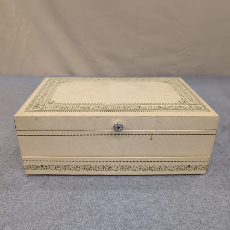 Vintage Cream Faux Leather Multi Tier Jewelry Box Red Velvet Lining Filigree image 1