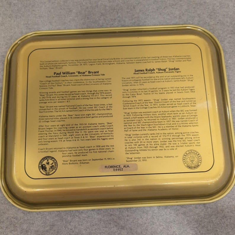 Vintage 1975 Alabama Auburn Iron Bowl Coca-Cola Tray Bear Bryant Shug Jordan image 3