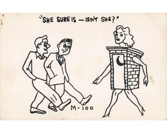 Carte postale humoristique vintage de 1953, M-100, toilettes extérieures en briques, humour osé, M. & M. Company