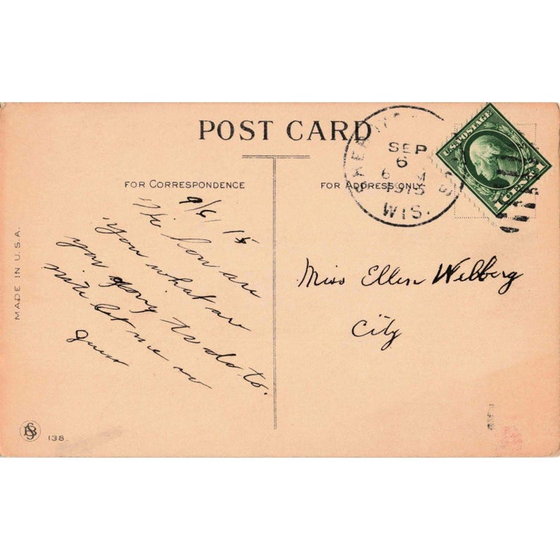 Postal antigua de 1915: ¡Vamos, ponte manos a la obra! Chica con overol. Arte motivacional n.° 138. imagen 2