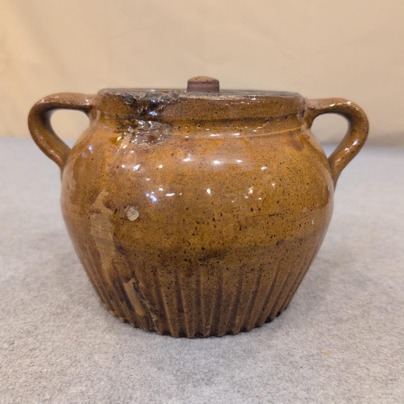 Antique Brown Glazed Stoneware Bean Pot with Lid Ribbed Base Dual Handles image 3