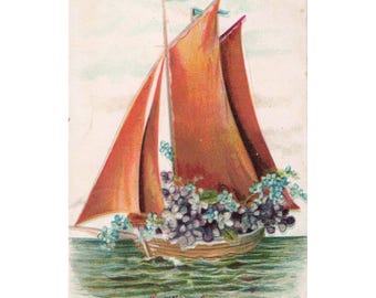 Antik vykort med präglade segelbåtsblommor från Madison, New York, Solsville, 1907