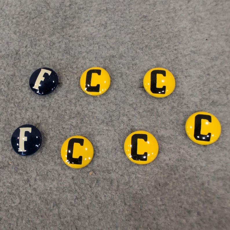 Vintage Block Letter Pinback Button Lot 7pc Blue F Yellow C Varsity Style Pins image 1