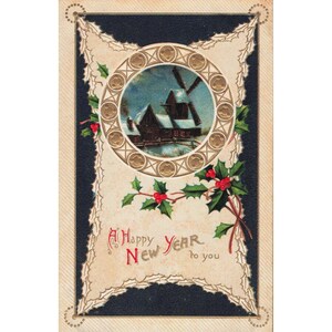 Vintage 1914 New Year Postcard Windmill Winter Scene Embossed United Art Co NY image 1