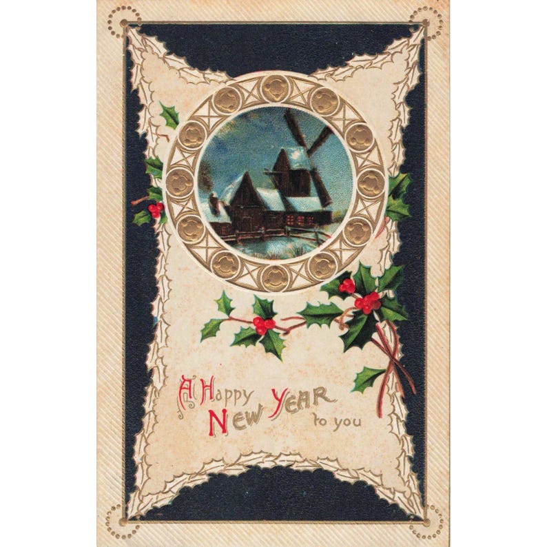 Vintage 1914 New Year Postcard Windmill Winter Scene Embossed United Art Co NY image 1