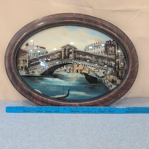 Antique Reverse Glass Scene Rialto Bridge Venice Italy Bubble Glass Oval Frame image 3