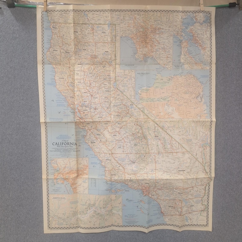 Vintage-Wandbild: National Geographic-Karte von Kalifornien aus dem Jahr 1954 mit beschreibenden Anmerkungen Bild 1