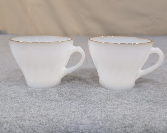Anchor Hocking Fire King Milk Glass Gold Rim Swirl Tea Cup Set of 2 Vintage