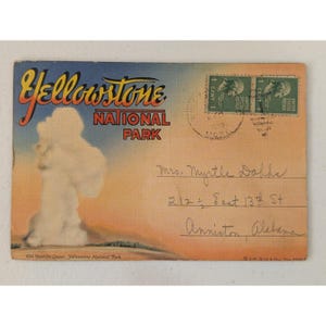 Postal vintage del Parque Nacional de Yellowstone: Géiser Old Faithful, 1940
