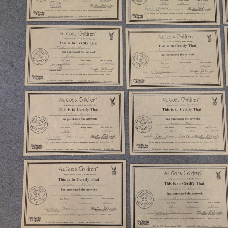 Lot of 20 All God's Children Martha Holcombe Certificates of Authenticity COA image 3
