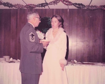 Vintage 1970s Color Photo Military Wedding Reception Bride Fur Trim Gown 3.5x3.5