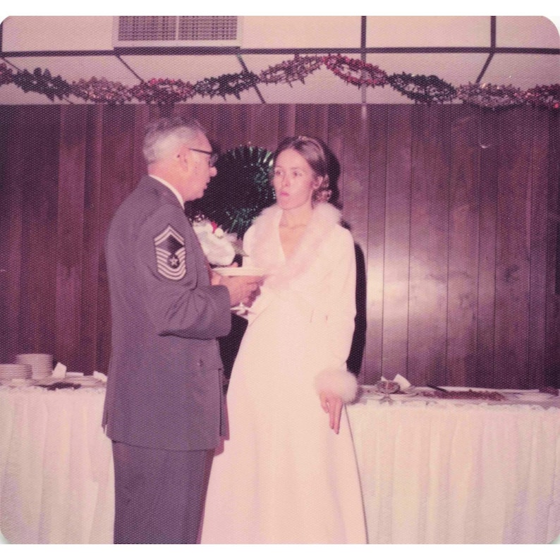 Vintage 1970s Color Photo Military Wedding Reception Bride Fur Trim Gown 3.5x3.5 image 1