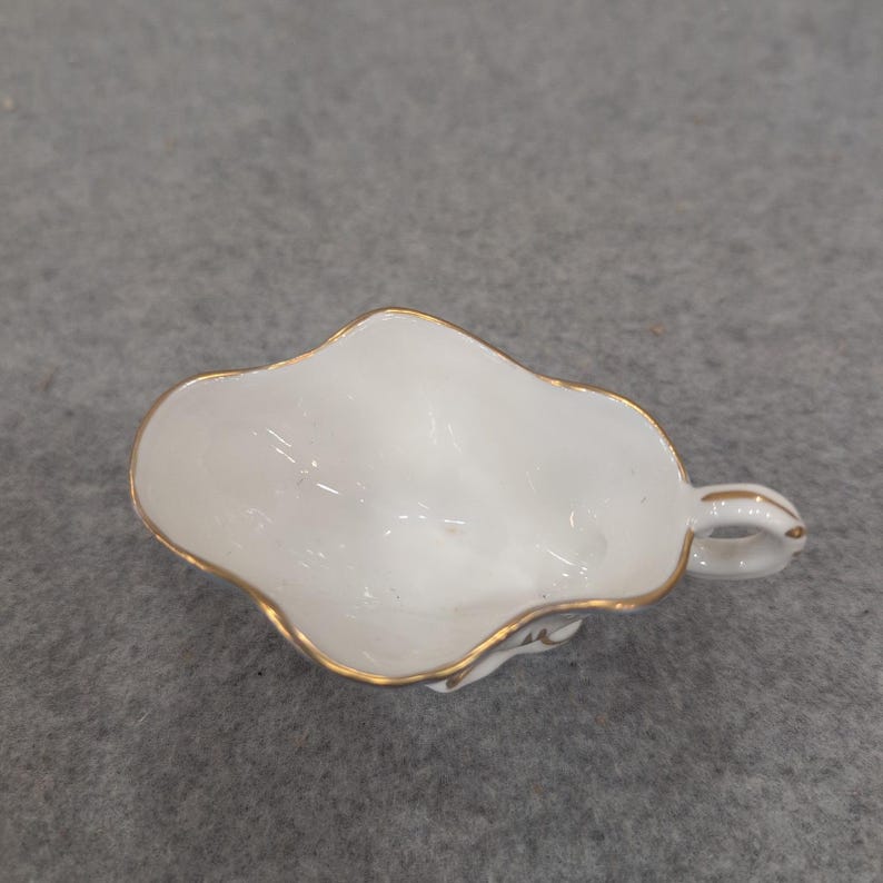 VA Portugal Miniature Porcelain Gravy Boat White Blue Gold Gilt Trim VG+ image 2
