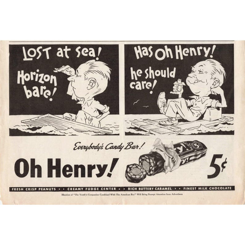 Vintage Oh Henry Candy Bar Magazine Ads Lot 6 Comic Style 5 Cent Confectionery image 2