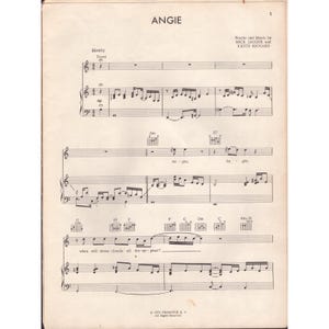 1973 Rolling Stones Angie Sheet Music Jagger Richard Goats Head Soup image 3