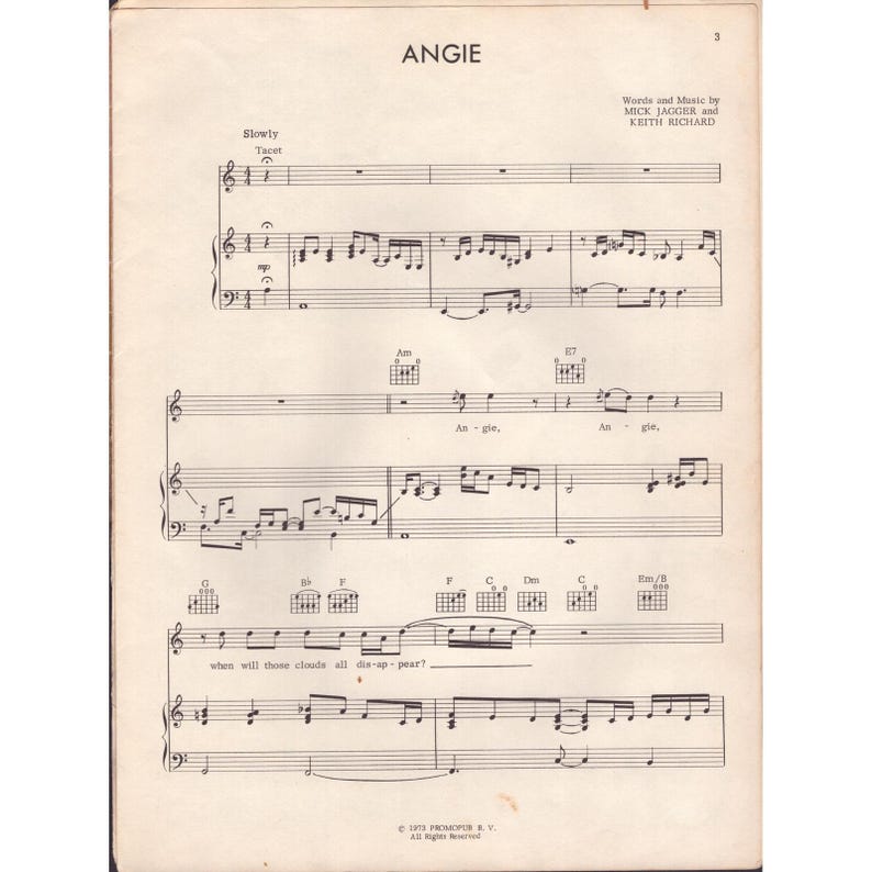1973 Rolling Stones Angie Sheet Music Jagger Richard Goats Head Soup image 3
