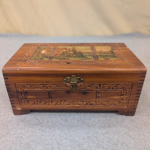 Vintage Cedar Wood Keepsake Chest Cottage Landscape Mirror Jewelry Box Latch image 1