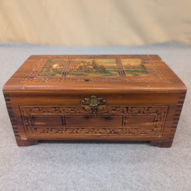 Vintage Cedar Wood Keepsake Chest Cottage Landscape Mirror Jewelry Box Latch image 1