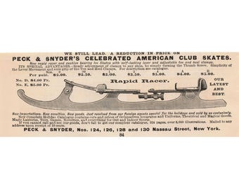 1891 Peck Snyder Rapid Racer Club Ice Skates Print Ad Vintage Adjustable Clamps