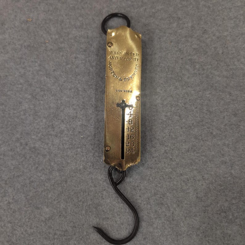 c. 1860s Morton & Bremner NY Antique Brass Spring Scale 24lb Primitive Balance image 1