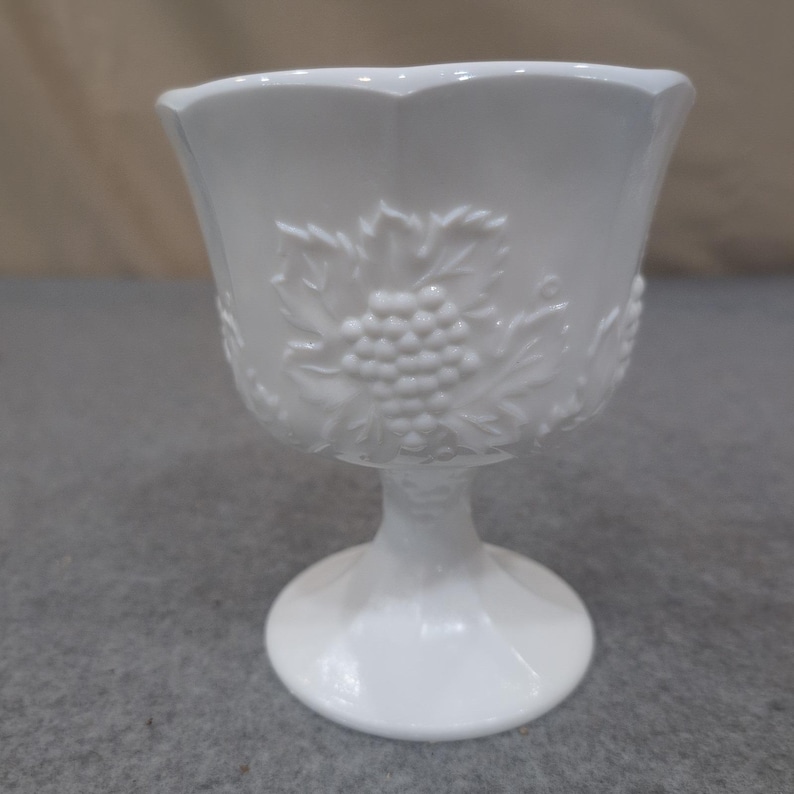 Vintage White Milk Glass Harvest Grape Pedestal Goblet Scalloped Rim image 1