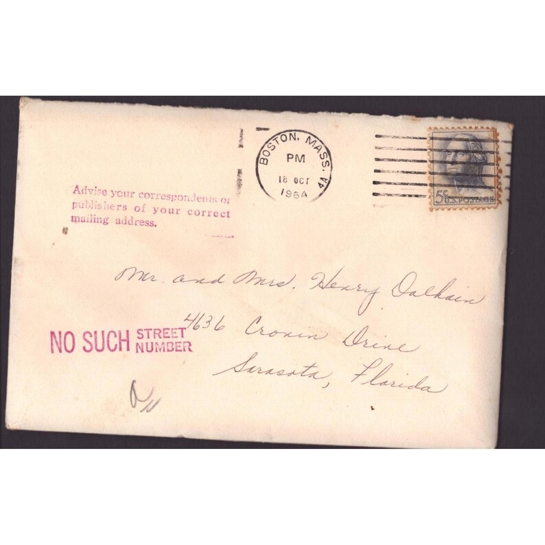 Vintage 1964 Boston MA to Sarasota FL Cover 5c Washington Stamp No Such Number image 1