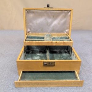 Vintage Tan Kunstleder Schmuck Box Teal Samt Futter Multi Tier Schublade Riegel Bild 7