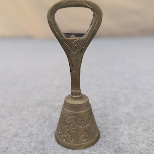 Vintage Brass Bell Bottle Opener Engraved Floral Design Unique Bar Tool image 1