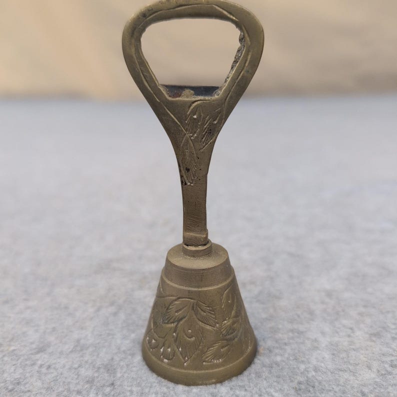 Vintage Brass Bell Bottle Opener Engraved Floral Design Unique Bar Tool image 1