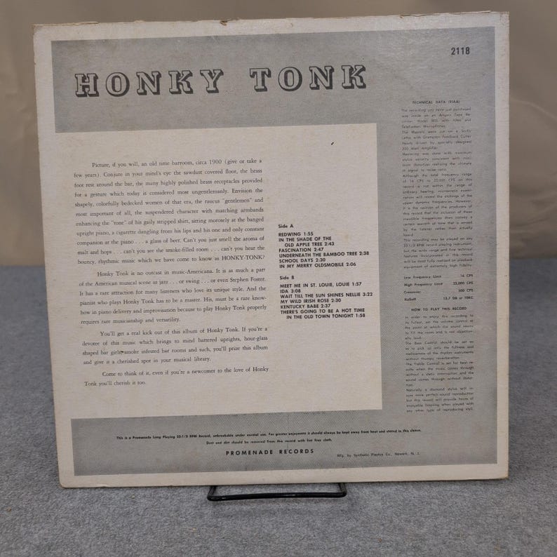 Fred Burton Honky Tonk vinyl LP Promenade 2118 The Old Professor Jazz Piano afbeelding 2