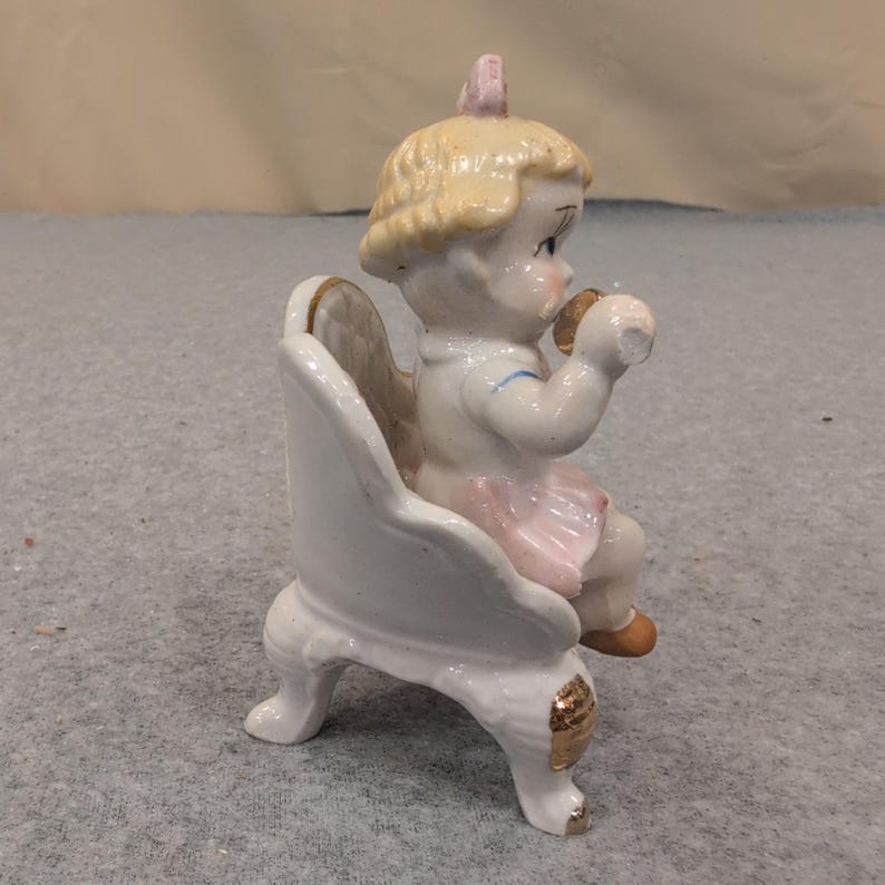 Vtg Porcelain Girl in Chair Figurine Gold Gilt Accents Numbered 2272 Pink Bow image 2