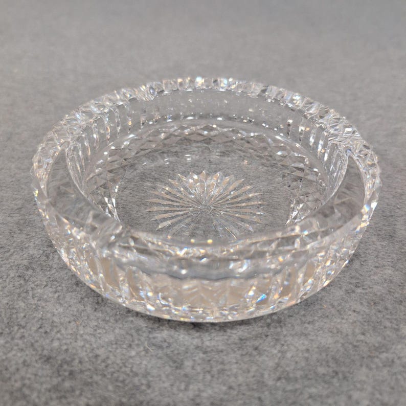 Vintage Crystal Glass Ashtray Clear Round Cut Diamond Pattern Tobacciana image 2