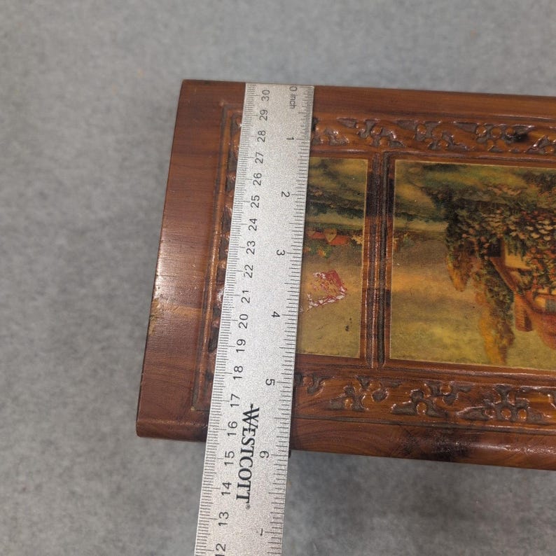 Vintage Cedar Wood Keepsake Chest Cottage Landscape Mirror Jewelry Box Latch image 10