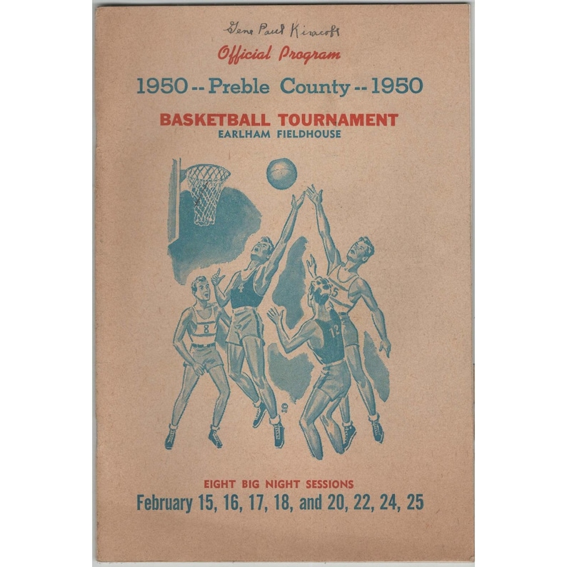 Oficjalny program turnieju koszykówki hrabstwa Preble z 1950 r. w Earlham Fieldhouse zdjęcie 1