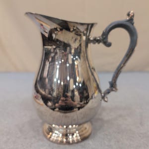 Vintage Silver Plated Water Pitcher Ornate Scroll Handle Pedestal Base Jug image 1