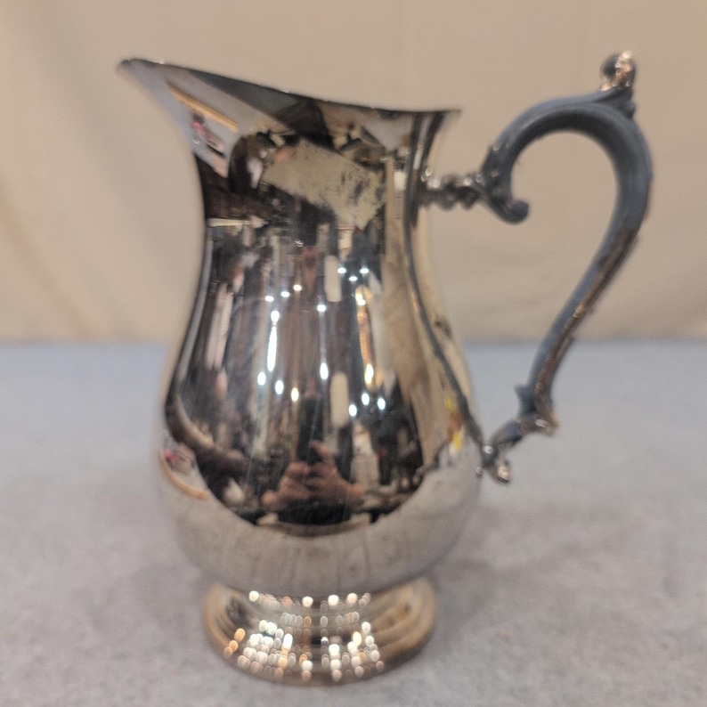Vintage Silver Plated Water Pitcher Ornate Scroll Handle Pedestal Base Jug image 1