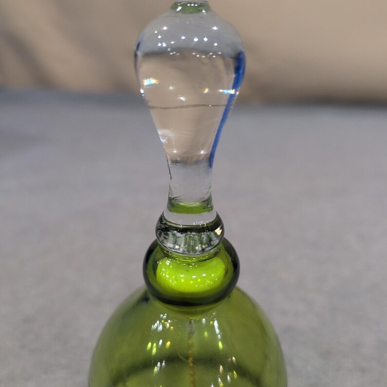 Vintage Pilgrim Glass Handblown Bell Avocado Green Clear Handle 1968-1979 image 2