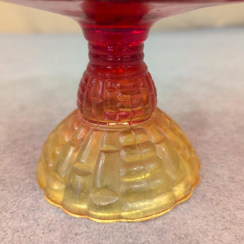 Vintage Amberina Glass Basketweave Compote Footed Candy Dish Red Yellow Scallop image 3