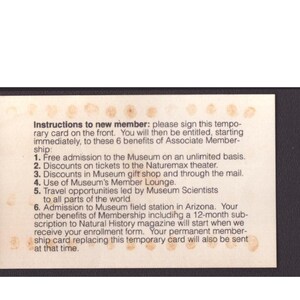American Museum of Natural History Associate Membership Temporary Card Vintage image 2